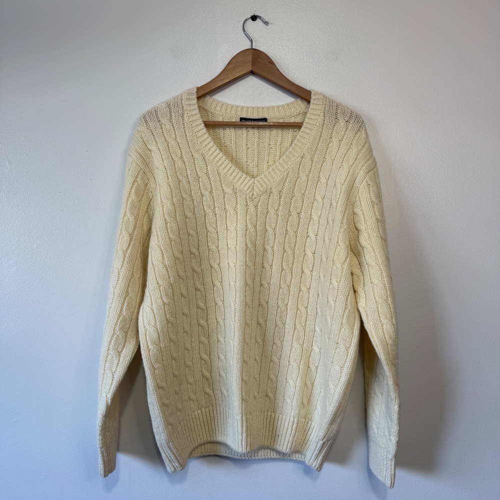 Brandy Melville Cream Cable Knit V Neck Wool‎ Blend Sweater Women One Size